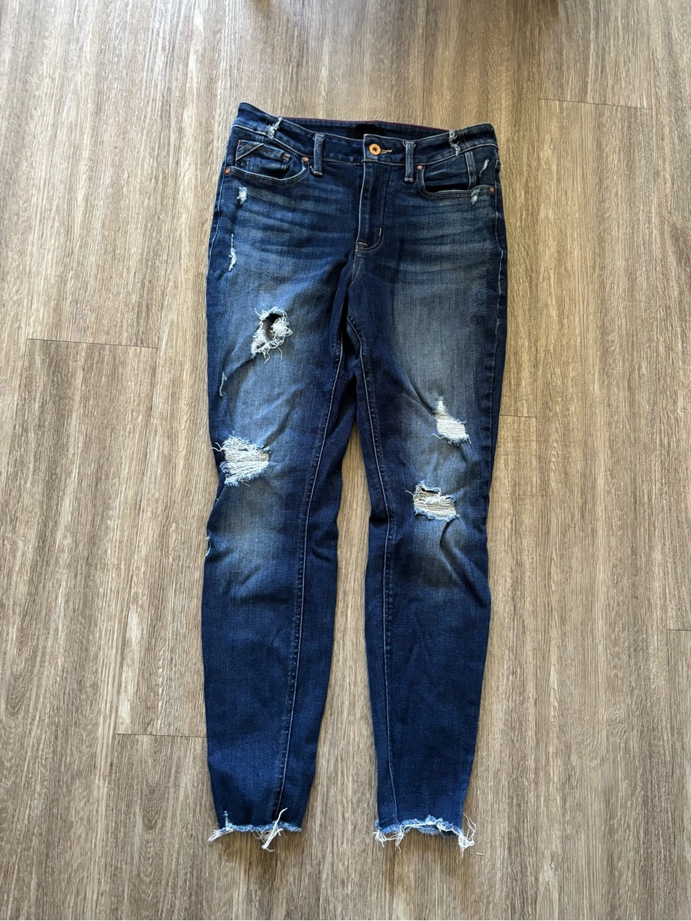 Edgeley Distressed Highrise Dark Blue Skinny Jeans with Frayed Hem